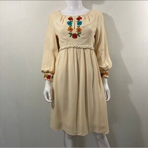 Vintage Emma Domb,  Mod, Cream Embroidered , Long Sleeve Dress
